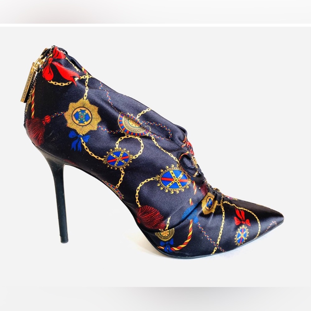 ZARA Black Ankle Boots Multi Scarf Print Satin Bootie Heels. Size 36